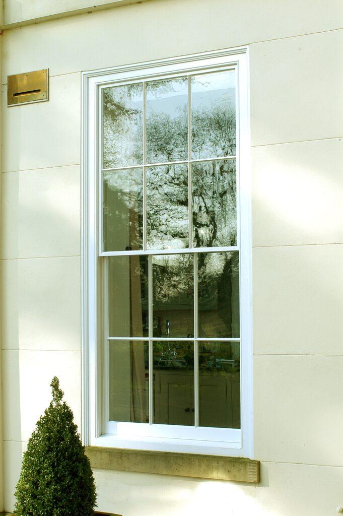 Examples of single glazed box sash windows in a variety of period properties. In keeping with the character of these period buildings, most of these replacement windows are glazed with hand-blown cylinder glass and finished with linseed oil putty